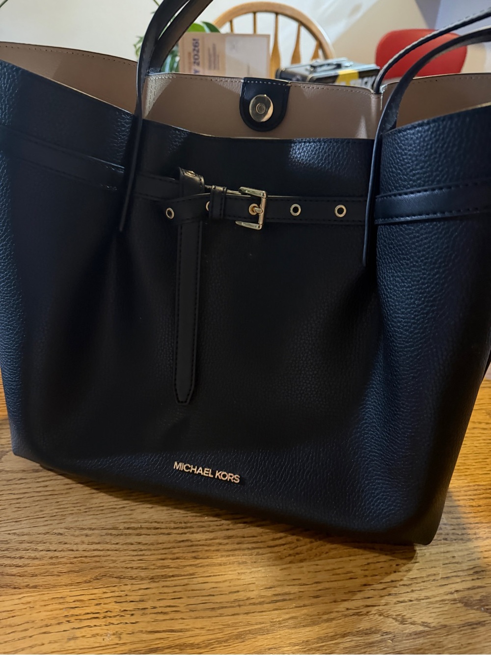 Michael Kors Black and Cream Pebbled Leather Tote with Belt Accent